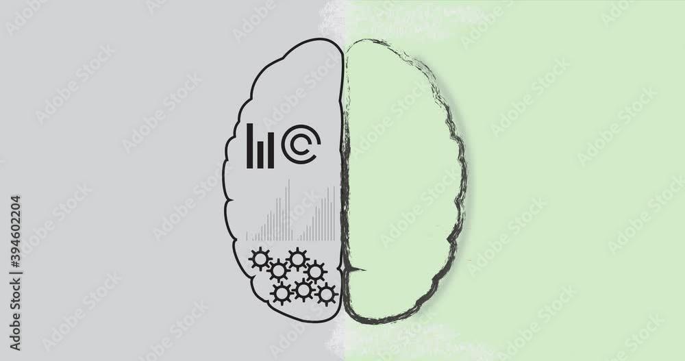 Animation of the left and right brain side. Left brain analytic, logic, strategy, science, mathematics, language... Right brain creativity, art, music, emotion, spirituality, imagination...