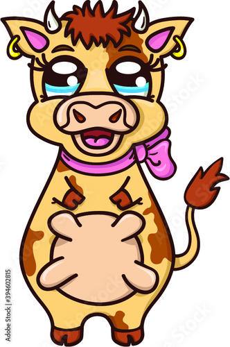 An illustration of funny cartoon cow with a bow on neck