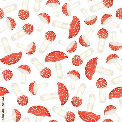 Amanita mushrooms seamless pattern on white background.