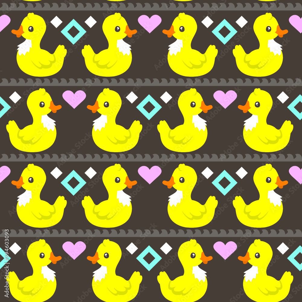 Fototapeta premium Seamless vector doodle pattern with waves and funny ducks