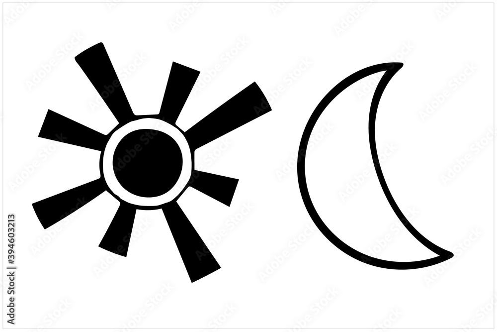 Sun and moon, isolated simple hand drawn black and white vector illustrations on white background Sun and moon, isolated simple hand drawn black and white vector illustrations on white background