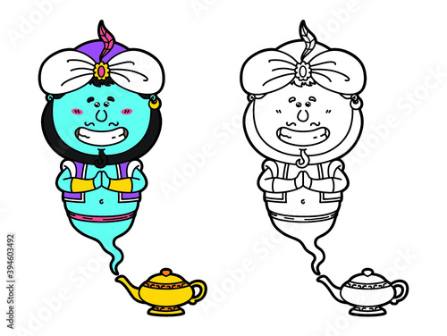 Vector illustration coloring page of happy cartoon Genie and his magic lamp  for children and scrap book