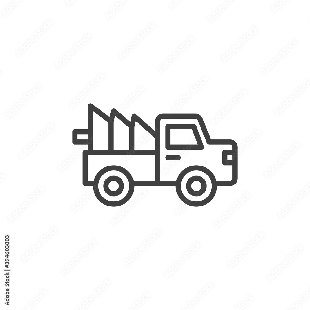 Truck with Christmas tree line icon. linear style sign for mobile concept and web design. Car with a Xmas tree outline vector icon. Symbol, logo illustration. Vector graphics