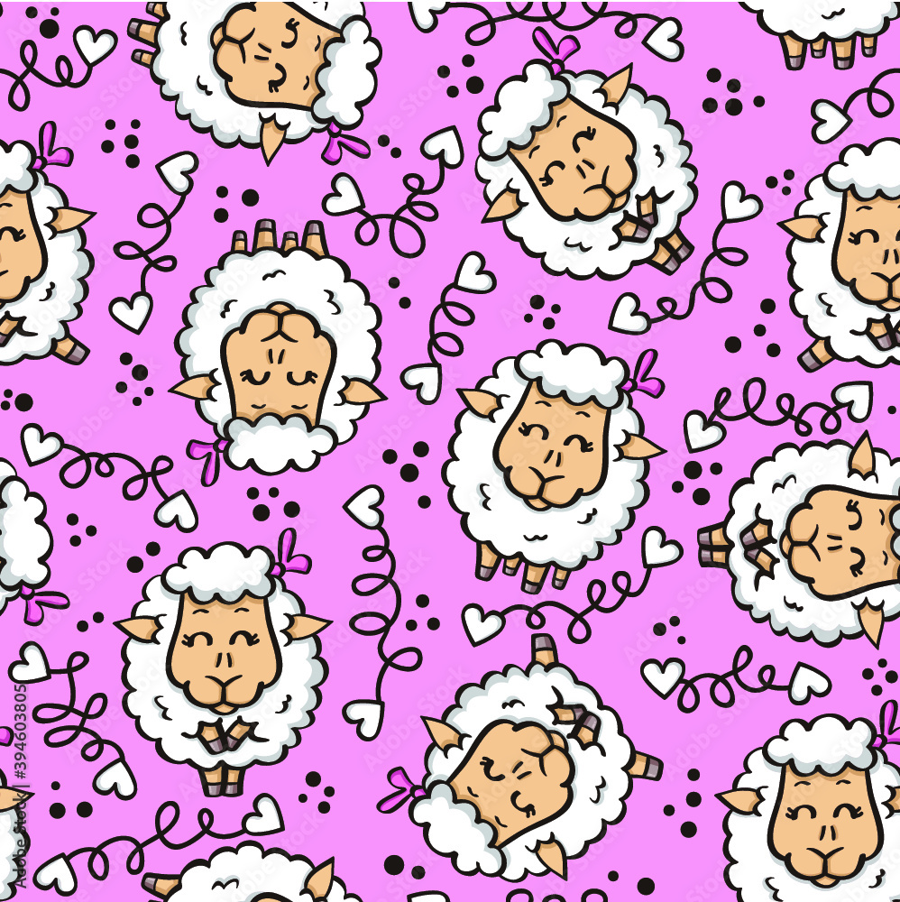 vector doodle seamless pattern with sheep and hearts for wallpaper, web page background, surface textures, textile, baby shower, scrap book