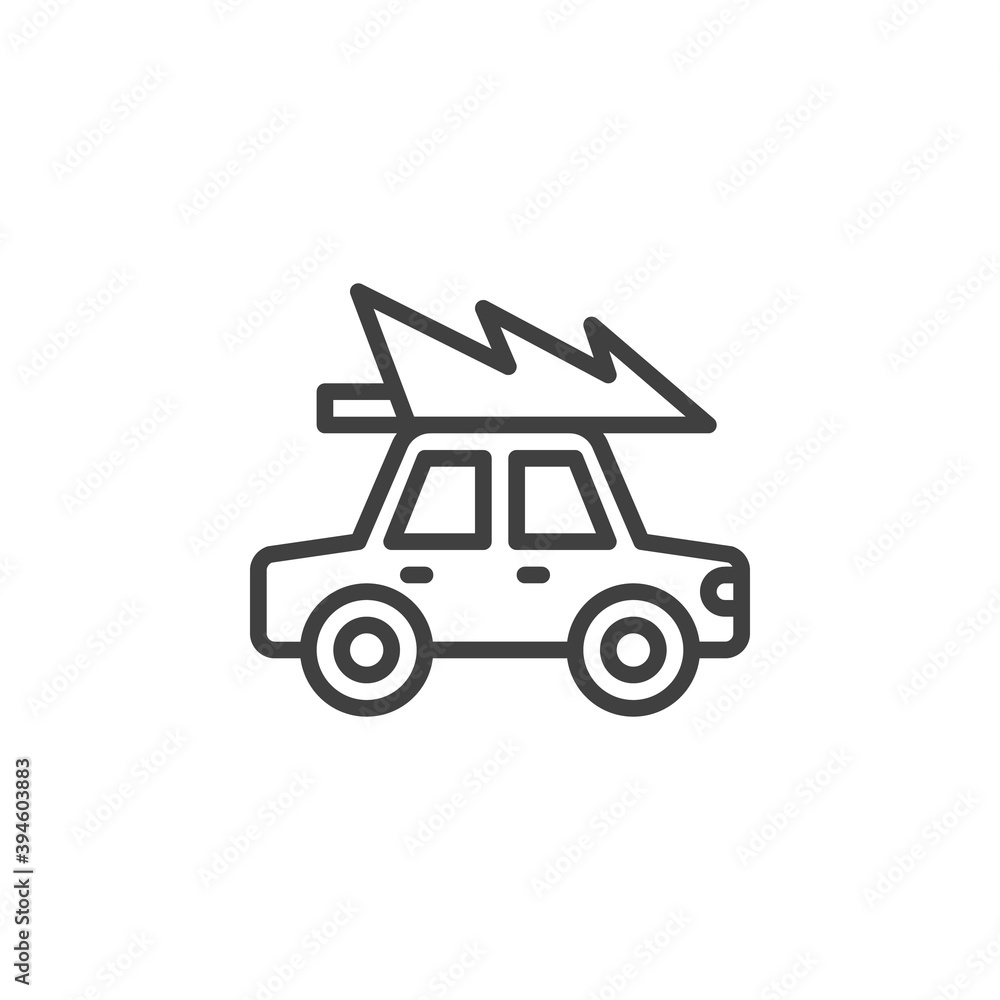 Car with a Xmas tree line icon. linear style sign for mobile concept and web design. Christmas tree transportation outline vector icon. Symbol, logo illustration. Vector graphics