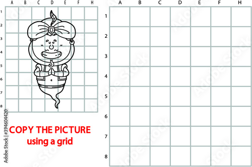 Vector illustration of grid copy puzzle with happy cartoon character for children