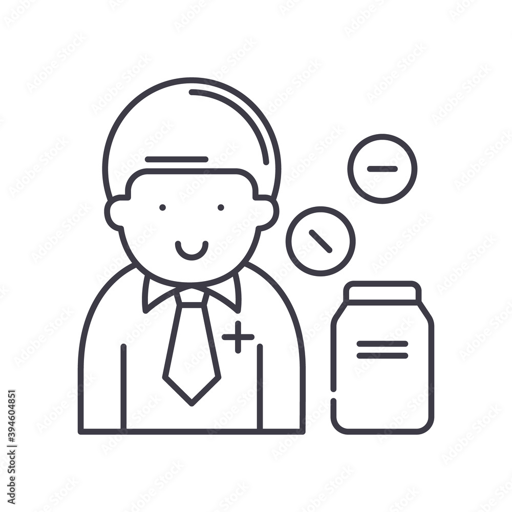 Pharmacist icon, linear isolated illustration, thin line vector, web design sign, outline concept symbol with editable stroke on white background. Pharmacist icon, linear isolated illustration, thin line vector, web design sign, outline concept symbol with editable stroke on white background.