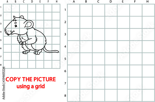 illustration of grid copy puzzle with happy cartoon vole for children