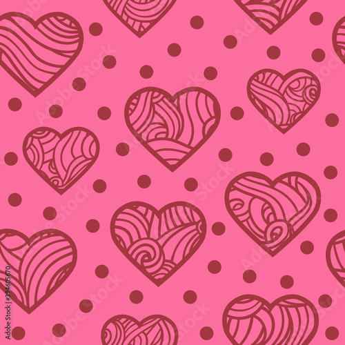 Cute Seamless vector pattern of doodle hearts with waves