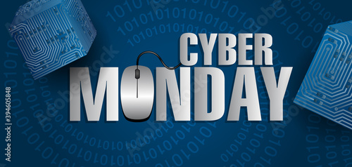 Affiche ou bannière publicitaire 3D pour annoncer les soldes du « cyber monday » - l’informatique à prix réduit - avec un souris d’ordinateur et des éléments de micro processeur.