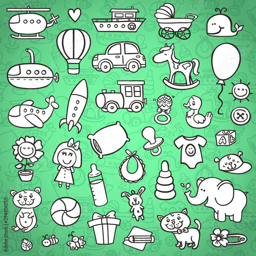 Vector doodle collection of hand drawn icons for baby shower with outline seamless pattern on background