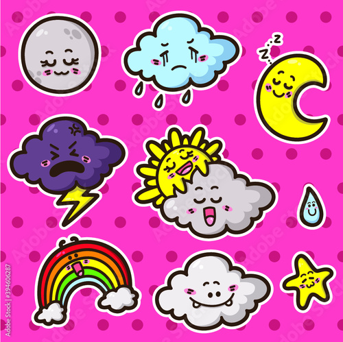 Collection of cute kawaii vector weather icons