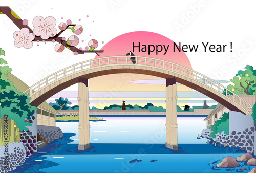 年賀テンプレート、梅と浮世絵の橋