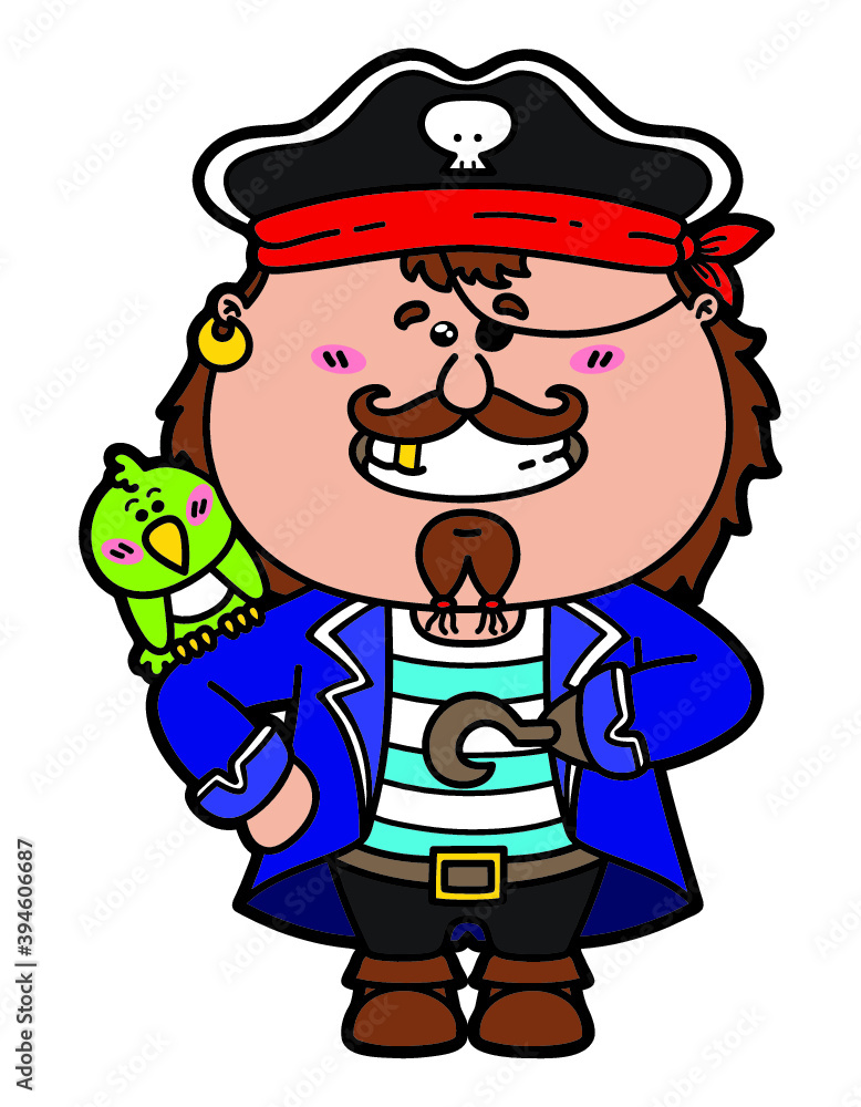 Vector illustration of kawaii Pirate with a parrot on his shoulder