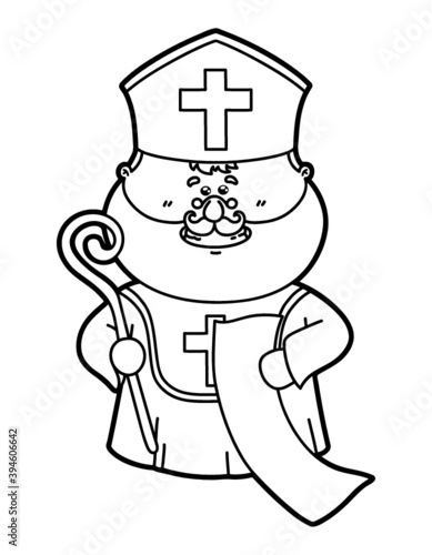 Vector illustration coloring page of funny St. Nicholas which is holding list for children and scrapbooking