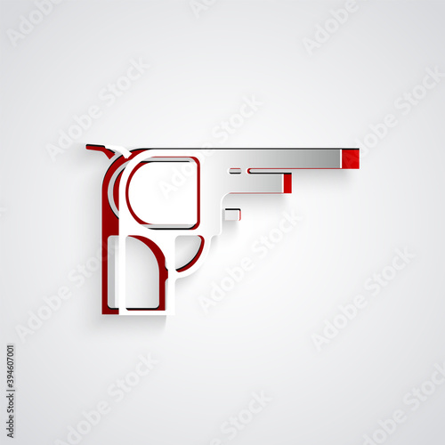 Paper cut Revolver gun icon isolated on grey background. Paper art style. Vector.