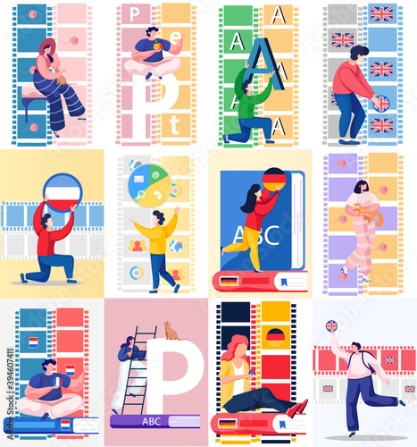 Online Internet language courses scenes set with letters. Distance class, people learn European languages. Students learn remotely. Foreign speech study at home. Dictionary and alphabet for self-study