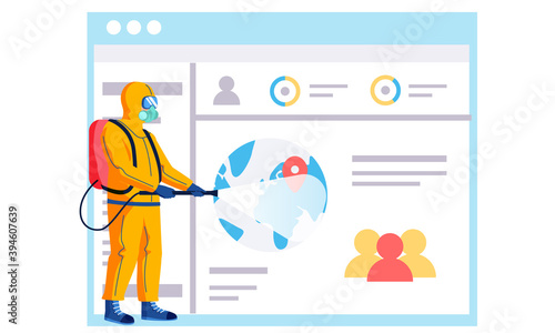 People in a yellow protective suit disinfects the globe with a spray gun. Virus pandemic COVID-19. Prevention against Coronavirus disease, sanitization. Disease statistics graphs on the planet