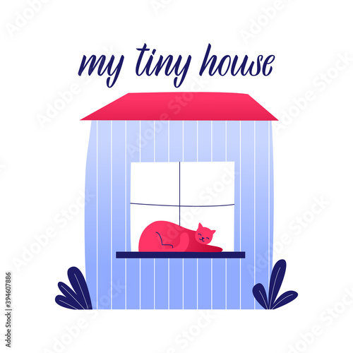 Tiny house living. Small house with cat. Compact space concept. Vector flat hand drawn illustration.