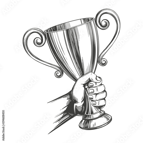 Award, strong hand holding a cup trophy hand drawn vector illustration realistic sketch