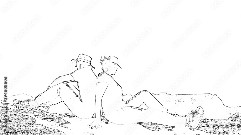Couple of hikers sitting on the edge of mountains, love, friendship, partnership concept, adventure travelling