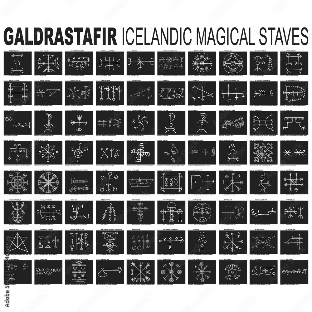 Vector icon set with Galdrastafir Icelandic Magical Staves with their