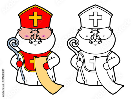 Vector illustration coloring page of funny St. Nicholas which is holding list for children and scrapbooking