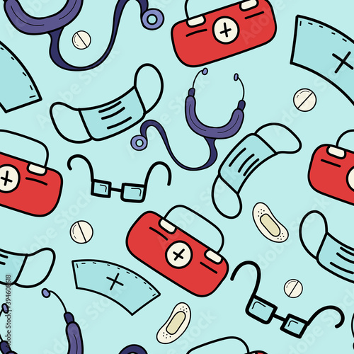 vector medical seamless pattern of stethoscope, masks, pills, glasses, ambulance suitcase