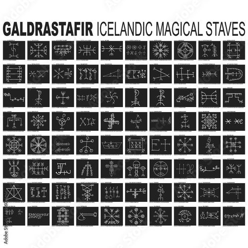 Vector icon set with Galdrastafir Icelandic Magical Staves with their meanings