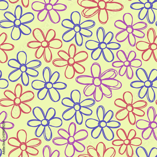 Floral seamless pattern. Hand drawn flowers. Vector illustration. Marker doodle sketch. Line art silhouettes. Repeat contour drawing.