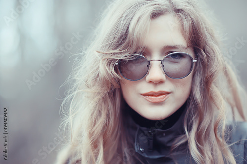girl glasses autumn portrait, an adult woman glamorous autumn look