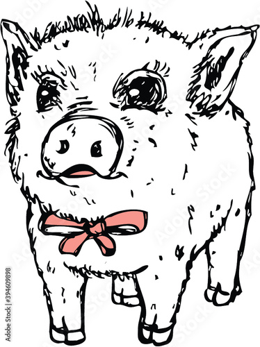 Vector sketched portrait of cute baby pig
