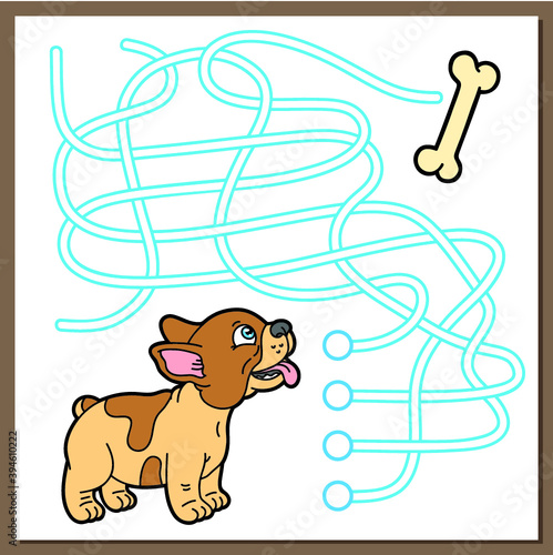 Vector illustration of maze(labyrinth) game with cute cartoon puppy for children