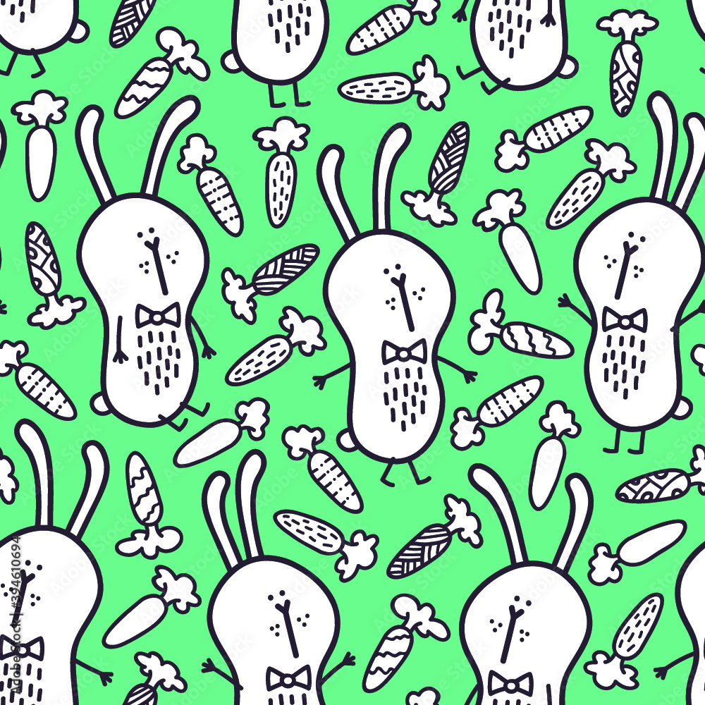 Fototapeta Vector doodle seamless pattern with rabbits and carrots for wallpaper, web page background, surface textures, textile, scrap book, baby shower