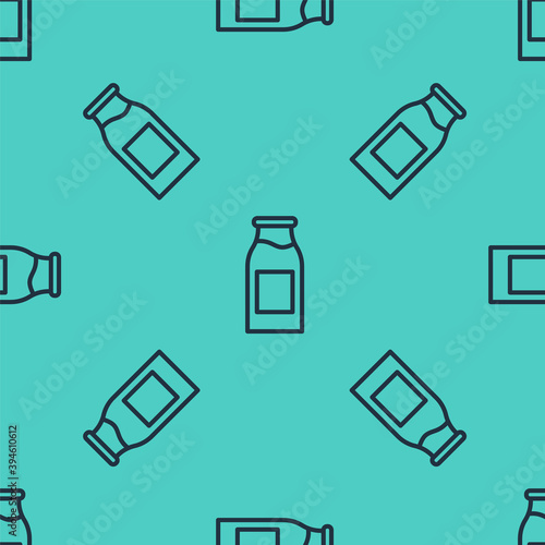Black line Closed glass bottle with milk icon isolated seamless pattern on green background. Vector Illustration.