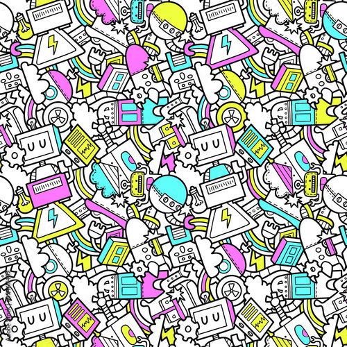 Vector seamless pattern with hand drawn doodle robots