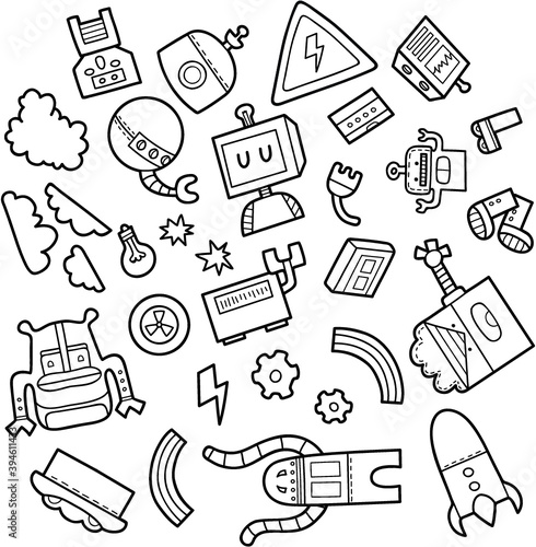 Vector set of hand drawn doodles of robots objects
