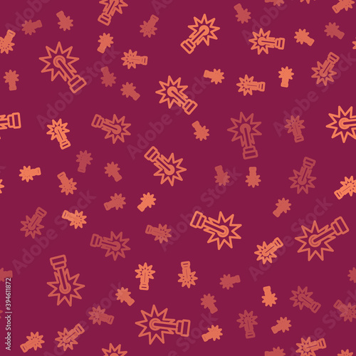 Brown line Cowboy horse riding spur for boot icon isolated seamless pattern on red background. Vector.