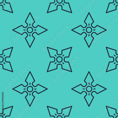 Black line Japanese ninja shuriken icon isolated seamless pattern on green background. Vector.