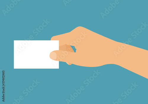 Flat design concept - male or female hand holding white blank business card. Isolated on green background, vector