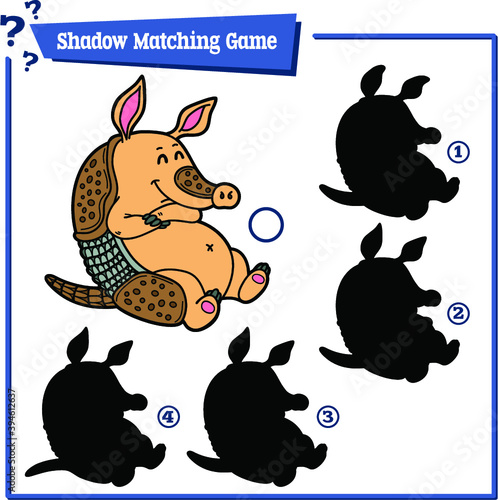 Vector illustration of shadow matching game with happy cartoon armadillo for children