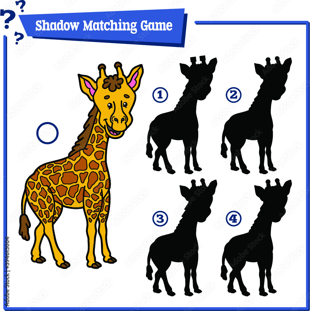 Obraz premium Vector illustration of shadow matching game with happy cartoon giraffe for children