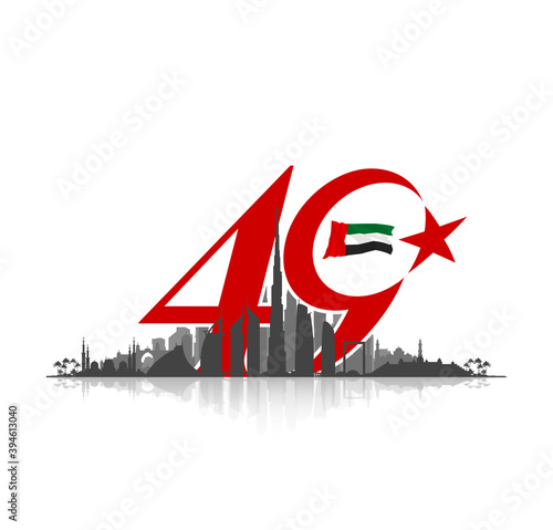 49 UAE National day banner with UAE flag. Holiday card for 2 december, 49 National day United Arab Emirates Spirit of the union. Design Anniversary Celebration Card with Dubai and Abu Dhabi silhouette