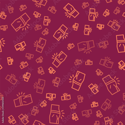 Brown line Abdominal bloating icon isolated seamless pattern on red background. Constipation or diarrhea. Vector.