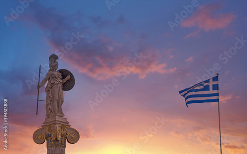 Wallpaper Mural Athena the ancient goddess of knowledge and wisdom and Greek flag under dramatic sky, Athens Greece Torontodigital.ca