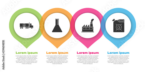 Set Tanker truck, Oil petrol test tube, Oil industrial factory building and Canister for motor machine oil. Business infographic template. Vector.