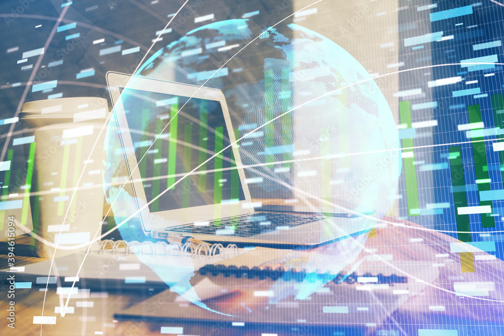 Multi exposure of business theme icons and work space with computer background. Concept of success. Multi exposure of business theme icons and work space with computer background. Concept of success.