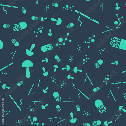 Set Cannabis molecule, Cigarette, Psilocybin mushroom and Medicine pill or tablet on seamless pattern. Vector.