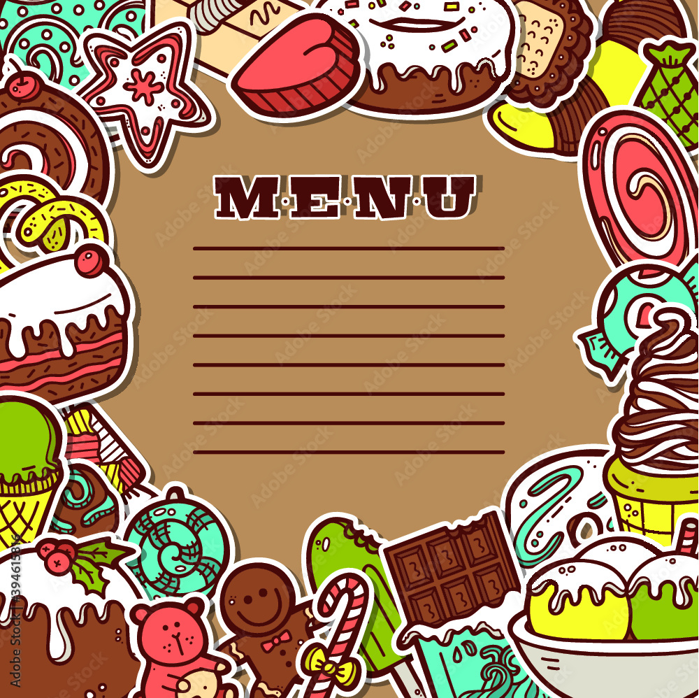 Fototapeta premium Vector cartoon hand drawn brochure template for menu with sweets . Cutting of sweets made by clipping mask