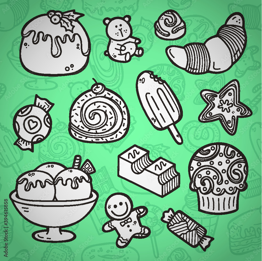 Second part of vector doodle collection of hand drawn sweets icons with outline seamless pattern on background